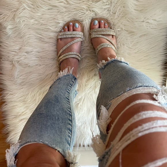 Square Toe Rhinestone Criss Cross Strap Sandals - Picture 14 of 16